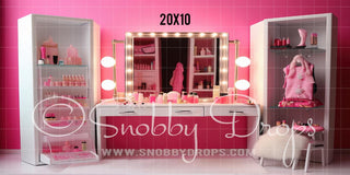 Pink Dollhouse Vanity Fabric Backdrop-Fabric Photography Backdrop-Snobby Drops Fabric Backdrops for Photography, Exclusive Designs by Tara Mapes Photography, Enchanted Eye Creations by Tara Mapes, photography backgrounds, photography backdrops, fast shipping, US backdrops, cheap photography backdrops