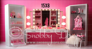 Pink Dollhouse Vanity Fabric Backdrop-Fabric Photography Backdrop-Snobby Drops Fabric Backdrops for Photography, Exclusive Designs by Tara Mapes Photography, Enchanted Eye Creations by Tara Mapes, photography backgrounds, photography backdrops, fast shipping, US backdrops, cheap photography backdrops