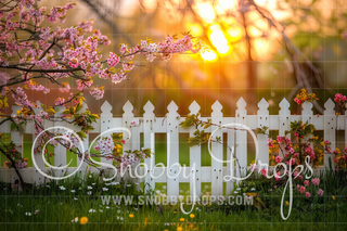 Pink Flowers on White Picket Fence Gate Fabric Backdrop-Fabric Photography Backdrop-Snobby Drops Fabric Backdrops for Photography, Exclusive Designs by Tara Mapes Photography, Enchanted Eye Creations by Tara Mapes, photography backgrounds, photography backdrops, fast shipping, US backdrops, cheap photography backdrops