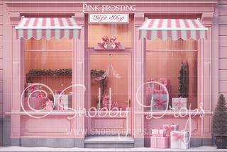 Pink Frosting Christmas Shop Storefront Fabric Backdrop-Fabric Photography Backdrop-Snobby Drops Fabric Backdrops for Photography, Exclusive Designs by Tara Mapes Photography, Enchanted Eye Creations by Tara Mapes, photography backgrounds, photography backdrops, fast shipping, US backdrops, cheap photography backdrops