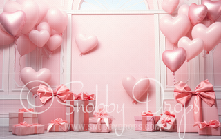 Pink Gifts and Heart Balloons Valentine Fabric Backdrop-Fabric Photography Backdrop-Snobby Drops Fabric Backdrops for Photography, Exclusive Designs by Tara Mapes Photography, Enchanted Eye Creations by Tara Mapes, photography backgrounds, photography backdrops, fast shipping, US backdrops, cheap photography backdrops