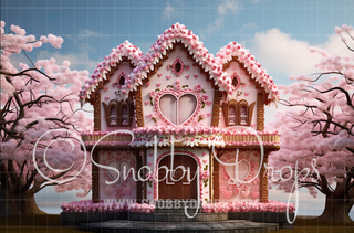 Pink Gingerbread House Valentine Fabric Backdrop-Fabric Photography Backdrop-Snobby Drops Fabric Backdrops for Photography, Exclusive Designs by Tara Mapes Photography, Enchanted Eye Creations by Tara Mapes, photography backgrounds, photography backdrops, fast shipping, US backdrops, cheap photography backdrops