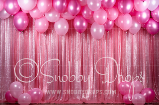 Pink Glitter Curtains and Balloons Fabric Backdrop-Fabric Photography Backdrop-Snobby Drops Fabric Backdrops for Photography, Exclusive Designs by Tara Mapes Photography, Enchanted Eye Creations by Tara Mapes, photography backgrounds, photography backdrops, fast shipping, US backdrops, cheap photography backdrops