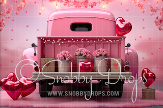 Pink Hearts Truck Valentine Fabric Backdrop-Fabric Photography Backdrop-Snobby Drops Fabric Backdrops for Photography, Exclusive Designs by Tara Mapes Photography, Enchanted Eye Creations by Tara Mapes, photography backgrounds, photography backdrops, fast shipping, US backdrops, cheap photography backdrops