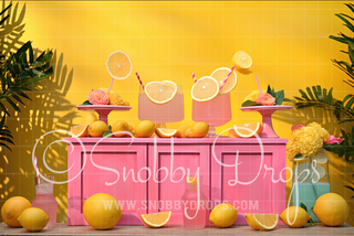 Pink Lemons Lemonade Stand Fabric Backdrop-Fabric Photography Backdrop-Snobby Drops Fabric Backdrops for Photography, Exclusive Designs by Tara Mapes Photography, Enchanted Eye Creations by Tara Mapes, photography backgrounds, photography backdrops, fast shipping, US backdrops, cheap photography backdrops