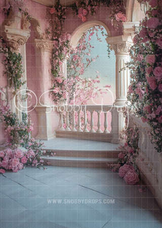 Pink Princess Castle Balcony Path Fabric Backdrop Sweep-Fabric Photography Sweep-Snobby Drops Fabric Backdrops for Photography, Exclusive Designs by Tara Mapes Photography, Enchanted Eye Creations by Tara Mapes, photography backgrounds, photography backdrops, fast shipping, US backdrops, cheap photography backdrops