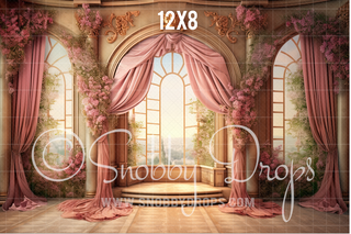 Pink Princess Castle Sitting Room Fabric Backdrop-Fabric Photography Backdrop-Snobby Drops Fabric Backdrops for Photography, Exclusive Designs by Tara Mapes Photography, Enchanted Eye Creations by Tara Mapes, photography backgrounds, photography backdrops, fast shipping, US backdrops, cheap photography backdrops