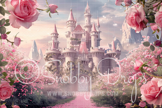 Pink Princess Castle with Flowers Fabric Backdrop-Fabric Photography Backdrop-Snobby Drops Fabric Backdrops for Photography, Exclusive Designs by Tara Mapes Photography, Enchanted Eye Creations by Tara Mapes, photography backgrounds, photography backdrops, fast shipping, US backdrops, cheap photography backdrops