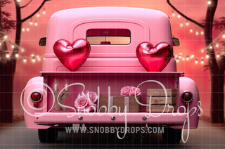 Pink Roses Vintage Valentine Truck Valentine Fabric Backdrop-Fabric Photography Backdrop-Snobby Drops Fabric Backdrops for Photography, Exclusive Designs by Tara Mapes Photography, Enchanted Eye Creations by Tara Mapes, photography backgrounds, photography backdrops, fast shipping, US backdrops, cheap photography backdrops