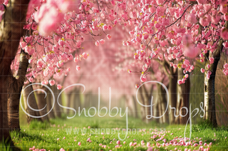 Pink Trees on Blurred Path Fabric Backdrop-Fabric Photography Backdrop-Snobby Drops Fabric Backdrops for Photography, Exclusive Designs by Tara Mapes Photography, Enchanted Eye Creations by Tara Mapes, photography backgrounds, photography backdrops, fast shipping, US backdrops, cheap photography backdrops