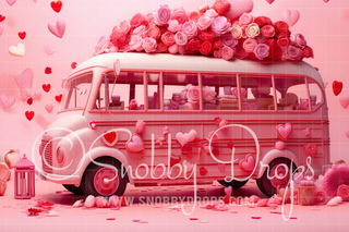 Pink Valentine Bus Fabric Backdrop-Fabric Photography Backdrop-Snobby Drops Fabric Backdrops for Photography, Exclusive Designs by Tara Mapes Photography, Enchanted Eye Creations by Tara Mapes, photography backgrounds, photography backdrops, fast shipping, US backdrops, cheap photography backdrops