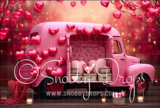 Pink Valentine Bus Valentine Fabric Backdrop-Fabric Photography Backdrop-Snobby Drops Fabric Backdrops for Photography, Exclusive Designs by Tara Mapes Photography, Enchanted Eye Creations by Tara Mapes, photography backgrounds, photography backdrops, fast shipping, US backdrops, cheap photography backdrops