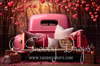 Pink Valentine Truck Valentine Fabric Backdrop-Fabric Photography Backdrop-Snobby Drops Fabric Backdrops for Photography, Exclusive Designs by Tara Mapes Photography, Enchanted Eye Creations by Tara Mapes, photography backgrounds, photography backdrops, fast shipping, US backdrops, cheap photography backdrops