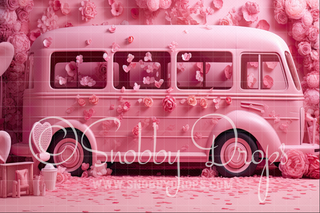 Pink Vday Bus Fabric Backdrop-Fabric Photography Backdrop-Snobby Drops Fabric Backdrops for Photography, Exclusive Designs by Tara Mapes Photography, Enchanted Eye Creations by Tara Mapes, photography backgrounds, photography backdrops, fast shipping, US backdrops, cheap photography backdrops