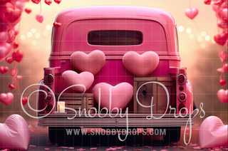 Pink Vintage Valentine Truck Valentine Fabric Backdrop-Fabric Photography Backdrop-Snobby Drops Fabric Backdrops for Photography, Exclusive Designs by Tara Mapes Photography, Enchanted Eye Creations by Tara Mapes, photography backgrounds, photography backdrops, fast shipping, US backdrops, cheap photography backdrops