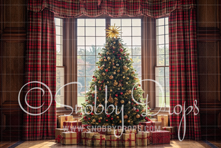 Plaid Christmas Tree Room Fabric Backdrop-Fabric Photography Backdrop-Snobby Drops Fabric Backdrops for Photography, Exclusive Designs by Tara Mapes Photography, Enchanted Eye Creations by Tara Mapes, photography backgrounds, photography backdrops, fast shipping, US backdrops, cheap photography backdrops