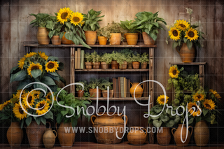 Potted Sunflowers Greenhouse Fabric Backdrop-Fabric Photography Backdrop-Snobby Drops Fabric Backdrops for Photography, Exclusive Designs by Tara Mapes Photography, Enchanted Eye Creations by Tara Mapes, photography backgrounds, photography backdrops, fast shipping, US backdrops, cheap photography backdrops