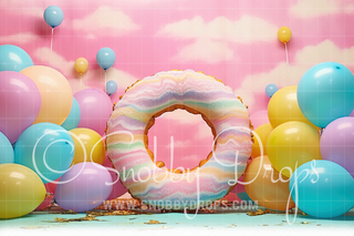 Pretty Pastels Donuts and Balloons Cake Smash Backdrop-Fabric Photography Backdrop-Snobby Drops Fabric Backdrops for Photography, Exclusive Designs by Tara Mapes Photography, Enchanted Eye Creations by Tara Mapes, photography backgrounds, photography backdrops, fast shipping, US backdrops, cheap photography backdrops