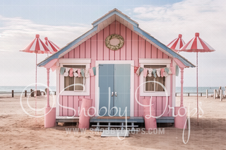 Pretty Pink Surf Beach Shack Fabric Backdrop-Fabric Photography Backdrop-Snobby Drops Fabric Backdrops for Photography, Exclusive Designs by Tara Mapes Photography, Enchanted Eye Creations by Tara Mapes, photography backgrounds, photography backdrops, fast shipping, US backdrops, cheap photography backdrops