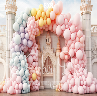 Princess Castle Cake Smash with Balloons Fabric Backdrop-Fabric Photography Backdrop-Snobby Drops Fabric Backdrops for Photography, Exclusive Designs by Tara Mapes Photography, Enchanted Eye Creations by Tara Mapes, photography backgrounds, photography backdrops, fast shipping, US backdrops, cheap photography backdrops