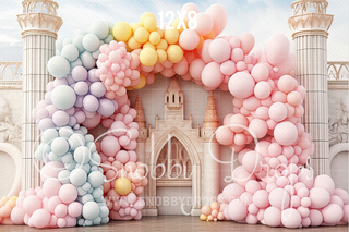 Princess Castle Cake Smash with Balloons Fabric Backdrop-Fabric Photography Backdrop-Snobby Drops Fabric Backdrops for Photography, Exclusive Designs by Tara Mapes Photography, Enchanted Eye Creations by Tara Mapes, photography backgrounds, photography backdrops, fast shipping, US backdrops, cheap photography backdrops