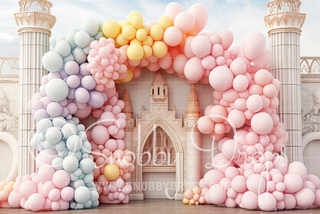 Princess Castle Cake Smash with Balloons Fabric Tot Drop-Fabric Photography Tot Drop-Snobby Drops Fabric Backdrops for Photography, Exclusive Designs by Tara Mapes Photography, Enchanted Eye Creations by Tara Mapes, photography backgrounds, photography backdrops, fast shipping, US backdrops, cheap photography backdrops