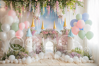 Princess Castle with Balloons and Flowers Cake Smash Fabric Backdrop-Fabric Photography Backdrop-Snobby Drops Fabric Backdrops for Photography, Exclusive Designs by Tara Mapes Photography, Enchanted Eye Creations by Tara Mapes, photography backgrounds, photography backdrops, fast shipping, US backdrops, cheap photography backdrops