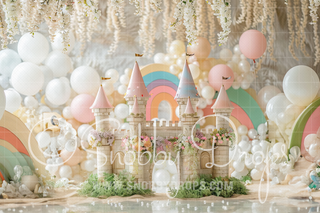 Princess Castle with Balloons and Rainbow Cake Smash Fabric Backdrop-Fabric Photography Backdrop-Snobby Drops Fabric Backdrops for Photography, Exclusive Designs by Tara Mapes Photography, Enchanted Eye Creations by Tara Mapes, photography backgrounds, photography backdrops, fast shipping, US backdrops, cheap photography backdrops