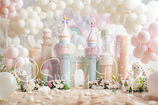 Princess Castle with Balloons and Sand Cake Smash Fabric Backdrop-Fabric Photography Backdrop-Snobby Drops Fabric Backdrops for Photography, Exclusive Designs by Tara Mapes Photography, Enchanted Eye Creations by Tara Mapes, photography backgrounds, photography backdrops, fast shipping, US backdrops, cheap photography backdrops