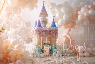 Princess Castle with Balloons Cake Smash Fabric Backdrop-Fabric Photography Backdrop-Snobby Drops Fabric Backdrops for Photography, Exclusive Designs by Tara Mapes Photography, Enchanted Eye Creations by Tara Mapes, photography backgrounds, photography backdrops, fast shipping, US backdrops, cheap photography backdrops