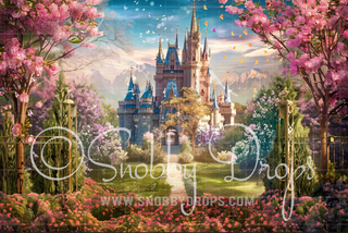 Princess Castle with Flowers Fabric Backdrop-Fabric Photography Backdrop-Snobby Drops Fabric Backdrops for Photography, Exclusive Designs by Tara Mapes Photography, Enchanted Eye Creations by Tara Mapes, photography backgrounds, photography backdrops, fast shipping, US backdrops, cheap photography backdrops