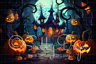 Punkin Party House Halloween Fabric Backdrop-Fabric Photography Backdrop-Snobby Drops Fabric Backdrops for Photography, Exclusive Designs by Tara Mapes Photography, Enchanted Eye Creations by Tara Mapes, photography backgrounds, photography backdrops, fast shipping, US backdrops, cheap photography backdrops