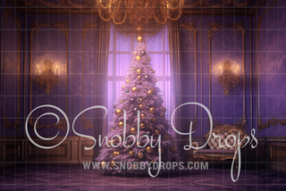 Purple Christmas Tree Room Fabric Backdrop-Fabric Photography Backdrop-Snobby Drops Fabric Backdrops for Photography, Exclusive Designs by Tara Mapes Photography, Enchanted Eye Creations by Tara Mapes, photography backgrounds, photography backdrops, fast shipping, US backdrops, cheap photography backdrops