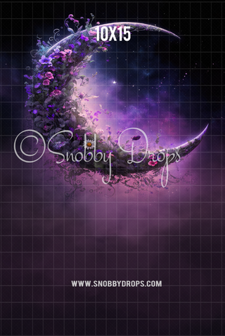 Purple Crescent Moon Fine Art Floral Fabric Backdrop Sweep-Fabric Photography Sweep-Snobby Drops Fabric Backdrops for Photography, Exclusive Designs by Tara Mapes Photography, Enchanted Eye Creations by Tara Mapes, photography backgrounds, photography backdrops, fast shipping, US backdrops, cheap photography backdrops