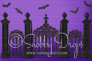 Purple Halloween Cemetery Gate Fabric Backdrop-Fabric Photography Backdrop-Snobby Drops Fabric Backdrops for Photography, Exclusive Designs by Tara Mapes Photography, Enchanted Eye Creations by Tara Mapes, photography backgrounds, photography backdrops, fast shipping, US backdrops, cheap photography backdrops