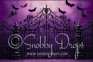 Purple Halloween Gate Fabric Backdrop-Fabric Photography Backdrop-Snobby Drops Fabric Backdrops for Photography, Exclusive Designs by Tara Mapes Photography, Enchanted Eye Creations by Tara Mapes, photography backgrounds, photography backdrops, fast shipping, US backdrops, cheap photography backdrops