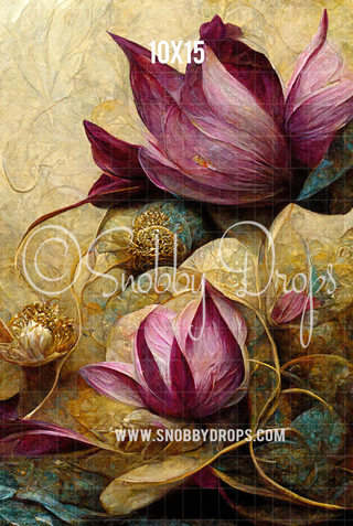 Purple Lotus on Ivory Floral Fine Art Fabric Backdrop Sweep-Fabric Photography Sweep-Snobby Drops Fabric Backdrops for Photography, Exclusive Designs by Tara Mapes Photography, Enchanted Eye Creations by Tara Mapes, photography backgrounds, photography backdrops, fast shipping, US backdrops, cheap photography backdrops