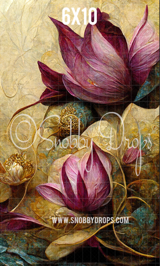 Purple Lotus on Ivory Floral Fine Art Fabric Backdrop Sweep-Fabric Photography Sweep-Snobby Drops Fabric Backdrops for Photography, Exclusive Designs by Tara Mapes Photography, Enchanted Eye Creations by Tara Mapes, photography backgrounds, photography backdrops, fast shipping, US backdrops, cheap photography backdrops