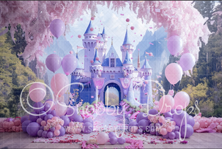 Purple Princess Castle and Balloons Fabric Photography Backdrop-Fabric Photography Backdrop-Snobby Drops Fabric Backdrops for Photography, Exclusive Designs by Tara Mapes Photography, Enchanted Eye Creations by Tara Mapes, photography backgrounds, photography backdrops, fast shipping, US backdrops, cheap photography backdrops