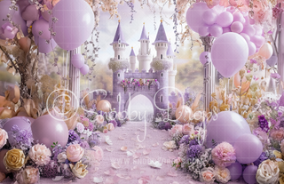 Purple Princess Castle and Flowers Fabric Photography Backdrop-Fabric Photography Backdrop-Snobby Drops Fabric Backdrops for Photography, Exclusive Designs by Tara Mapes Photography, Enchanted Eye Creations by Tara Mapes, photography backgrounds, photography backdrops, fast shipping, US backdrops, cheap photography backdrops