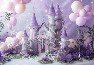 Purple Princess Castle with Balloons Cake Smash Fabric Backdrop-Fabric Photography Backdrop-Snobby Drops Fabric Backdrops for Photography, Exclusive Designs by Tara Mapes Photography, Enchanted Eye Creations by Tara Mapes, photography backgrounds, photography backdrops, fast shipping, US backdrops, cheap photography backdrops