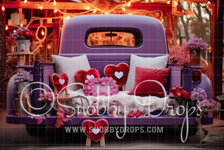 Purple Valentine Truck Valentine Fabric Backdrop-Fabric Photography Backdrop-Snobby Drops Fabric Backdrops for Photography, Exclusive Designs by Tara Mapes Photography, Enchanted Eye Creations by Tara Mapes, photography backgrounds, photography backdrops, fast shipping, US backdrops, cheap photography backdrops