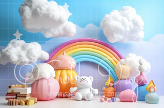 Rainbow Bear Cake Smash Balloons Fabric Backdrop-Fabric Photography Backdrop-Snobby Drops Fabric Backdrops for Photography, Exclusive Designs by Tara Mapes Photography, Enchanted Eye Creations by Tara Mapes, photography backgrounds, photography backdrops, fast shipping, US backdrops, cheap photography backdrops