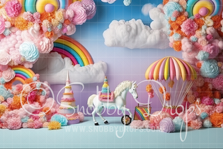 Rainbow Carousel Horse Cake Smash Fabric Backdrop-Fabric Photography Backdrop-Snobby Drops Fabric Backdrops for Photography, Exclusive Designs by Tara Mapes Photography, Enchanted Eye Creations by Tara Mapes, photography backgrounds, photography backdrops, fast shipping, US backdrops, cheap photography backdrops