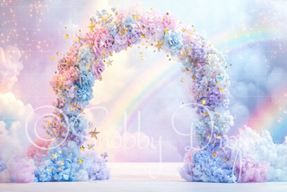 Rainbow Flower Arch and Stars Fabric Backdrop-Fabric Photography Backdrop-Snobby Drops Fabric Backdrops for Photography, Exclusive Designs by Tara Mapes Photography, Enchanted Eye Creations by Tara Mapes, photography backgrounds, photography backdrops, fast shipping, US backdrops, cheap photography backdrops