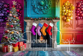 Rainbow Holiday Fireplace Fabric Backdrop-Fabric Photography Backdrop-Snobby Drops Fabric Backdrops for Photography, Exclusive Designs by Tara Mapes Photography, Enchanted Eye Creations by Tara Mapes, photography backgrounds, photography backdrops, fast shipping, US backdrops, cheap photography backdrops