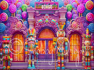 Rainbow Nutcracker Candy Shop Storefront Fabric Backdrop-Fabric Photography Backdrop-Snobby Drops Fabric Backdrops for Photography, Exclusive Designs by Tara Mapes Photography, Enchanted Eye Creations by Tara Mapes, photography backgrounds, photography backdrops, fast shipping, US backdrops, cheap photography backdrops