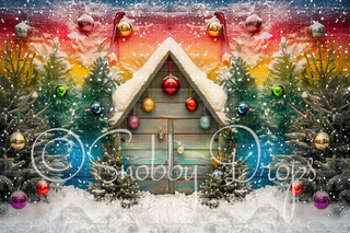 Rainbow Snowy Christmas Cabin Fabric Backdrop-Fabric Photography Backdrop-Snobby Drops Fabric Backdrops for Photography, Exclusive Designs by Tara Mapes Photography, Enchanted Eye Creations by Tara Mapes, photography backgrounds, photography backdrops, fast shipping, US backdrops, cheap photography backdrops