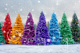 Rainbow Snowy Christmas Trees Fabric Backdrop-Fabric Photography Backdrop-Snobby Drops Fabric Backdrops for Photography, Exclusive Designs by Tara Mapes Photography, Enchanted Eye Creations by Tara Mapes, photography backgrounds, photography backdrops, fast shipping, US backdrops, cheap photography backdrops