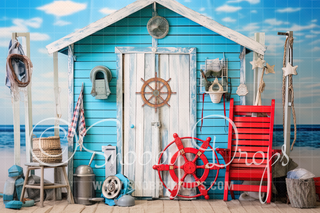 Red & Blue Surf Beach Shack Fabric Backdrop-Fabric Photography Backdrop-Snobby Drops Fabric Backdrops for Photography, Exclusive Designs by Tara Mapes Photography, Enchanted Eye Creations by Tara Mapes, photography backgrounds, photography backdrops, fast shipping, US backdrops, cheap photography backdrops